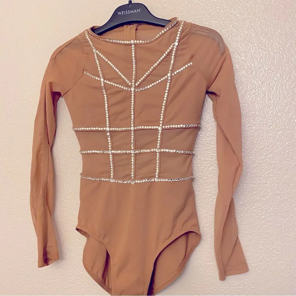 WEISSMAN solo custom illusion nude Dance Costume tan caged leotard MT10574 MC